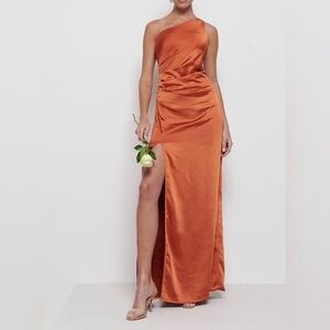 Brown One Shoulder Ruched Gown with Slit